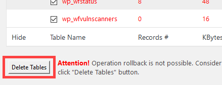 wp delete plugin db tables click delete tables button - کاهش حجم دیتابیس وردپرس | بهینه سازی پایگاه داده وردپرس