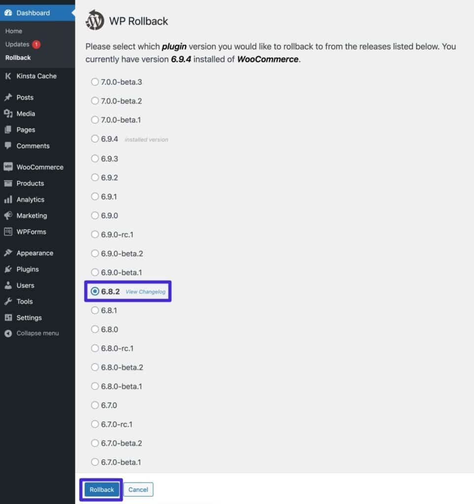 downgrade woocommerce with wp rollback 2 choose version 963x1024 1 - چگونه بدون از دست دادن اطلاعات، نسخه ووکامرس را به نسخه قبلی برگردانیم؟