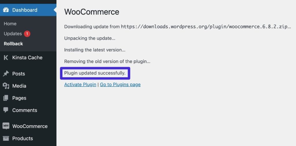 downgrade woocommerce with wp rollback 4 success message 1024x505 1 - چگونه بدون از دست دادن اطلاعات، نسخه ووکامرس را به نسخه قبلی برگردانیم؟