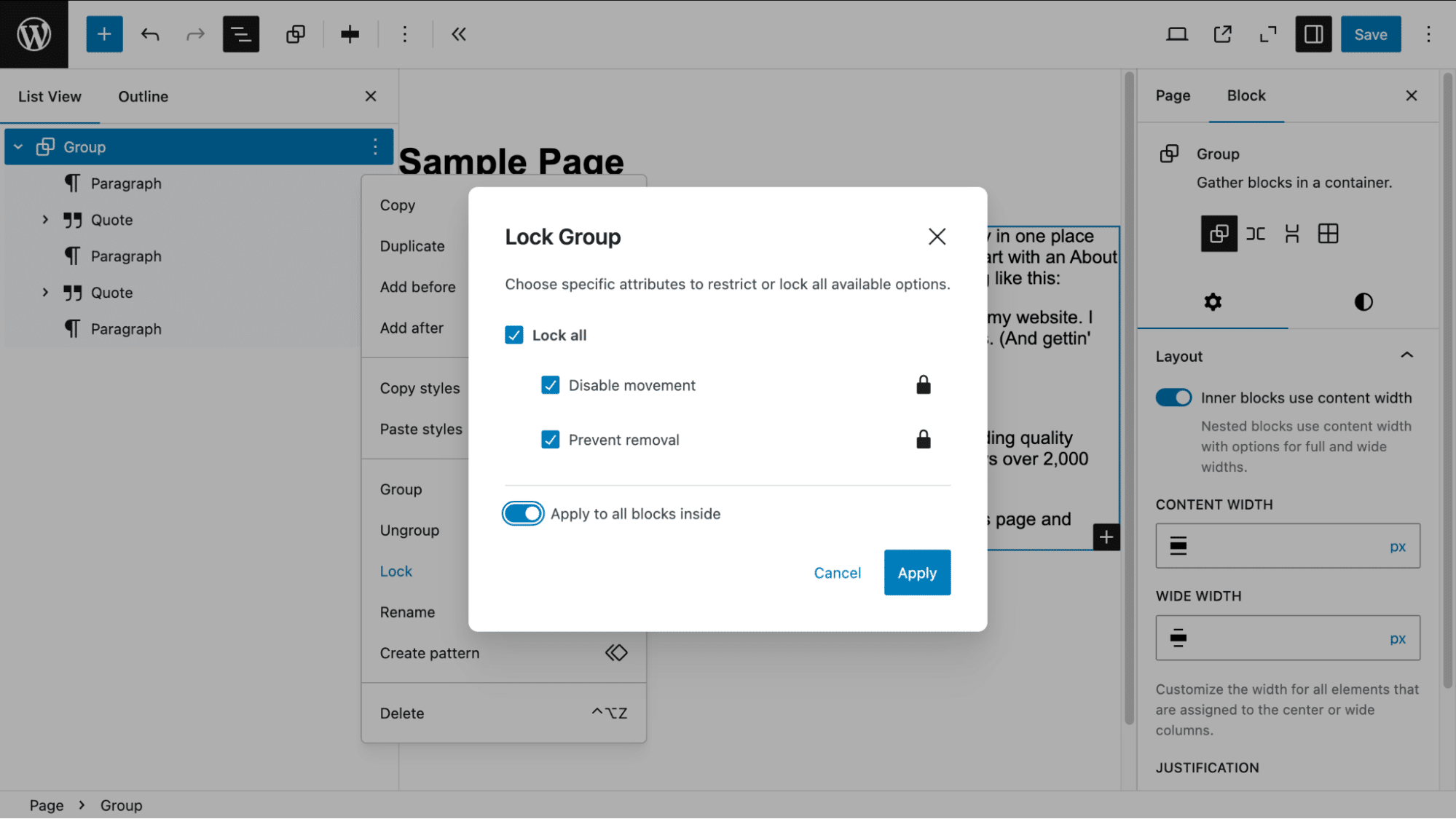 lock modal parent block - غیرفعال کردن بلوک های گوتنبرگ وردپرس + شخصی سازی