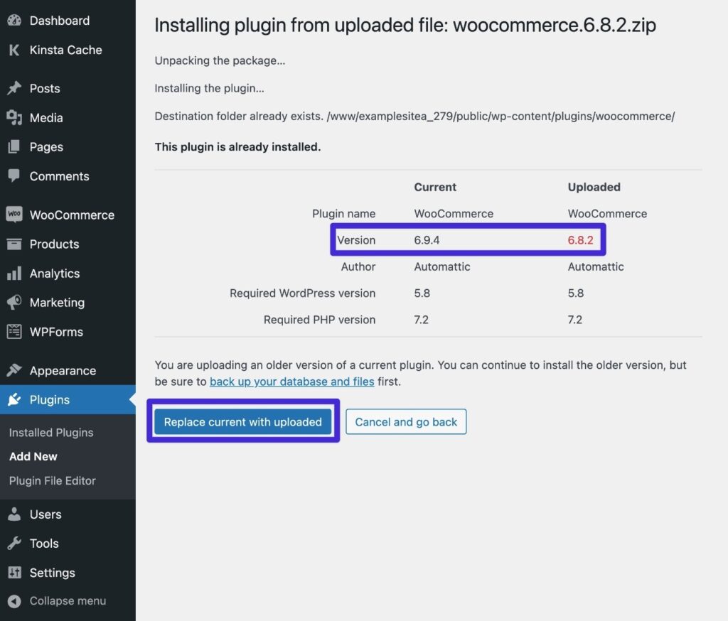 manually downgrade woocommerce 4 confirm install 1024x874 1 - چگونه بدون از دست دادن اطلاعات، نسخه ووکامرس را به نسخه قبلی برگردانیم؟